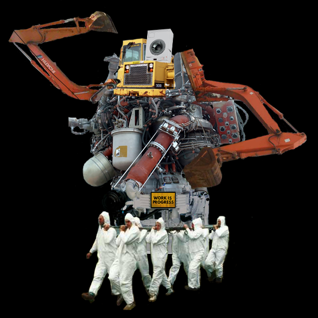 a giant robot carried by laboratory workers